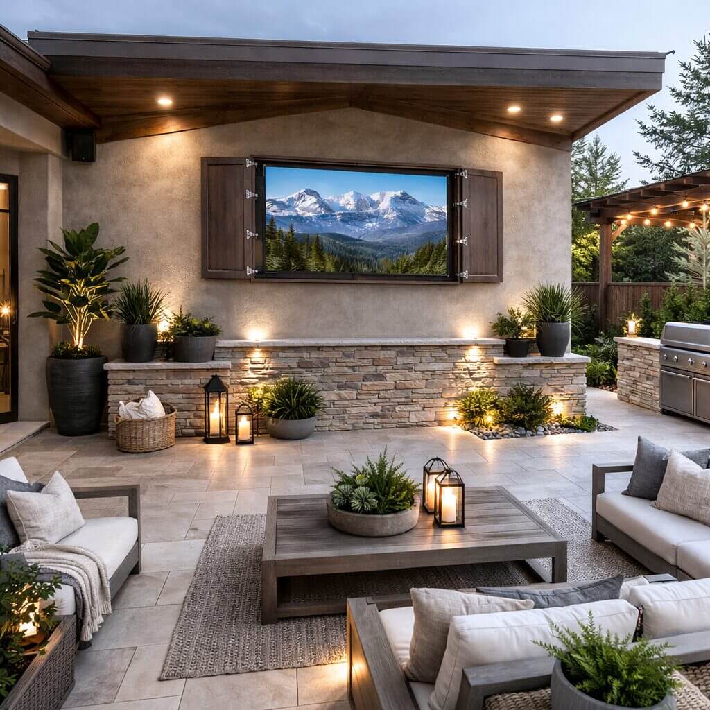 Outdoor patio with cozy seating and plants.