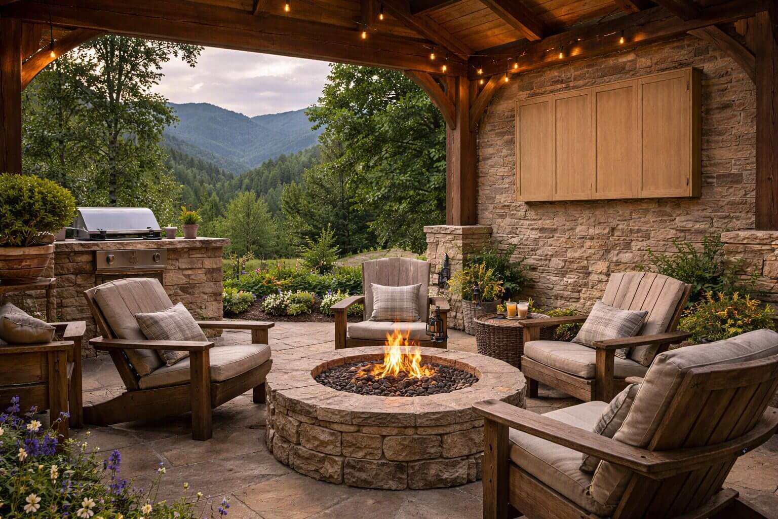 Cozy patio with fire pit and mountain view