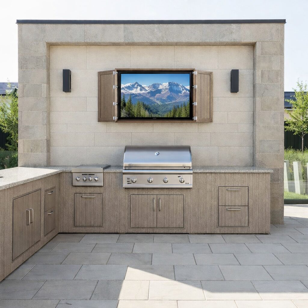 Outdoor kitchen with grill and TV screen.