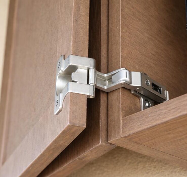 Cabinet door with metal hinge detail.