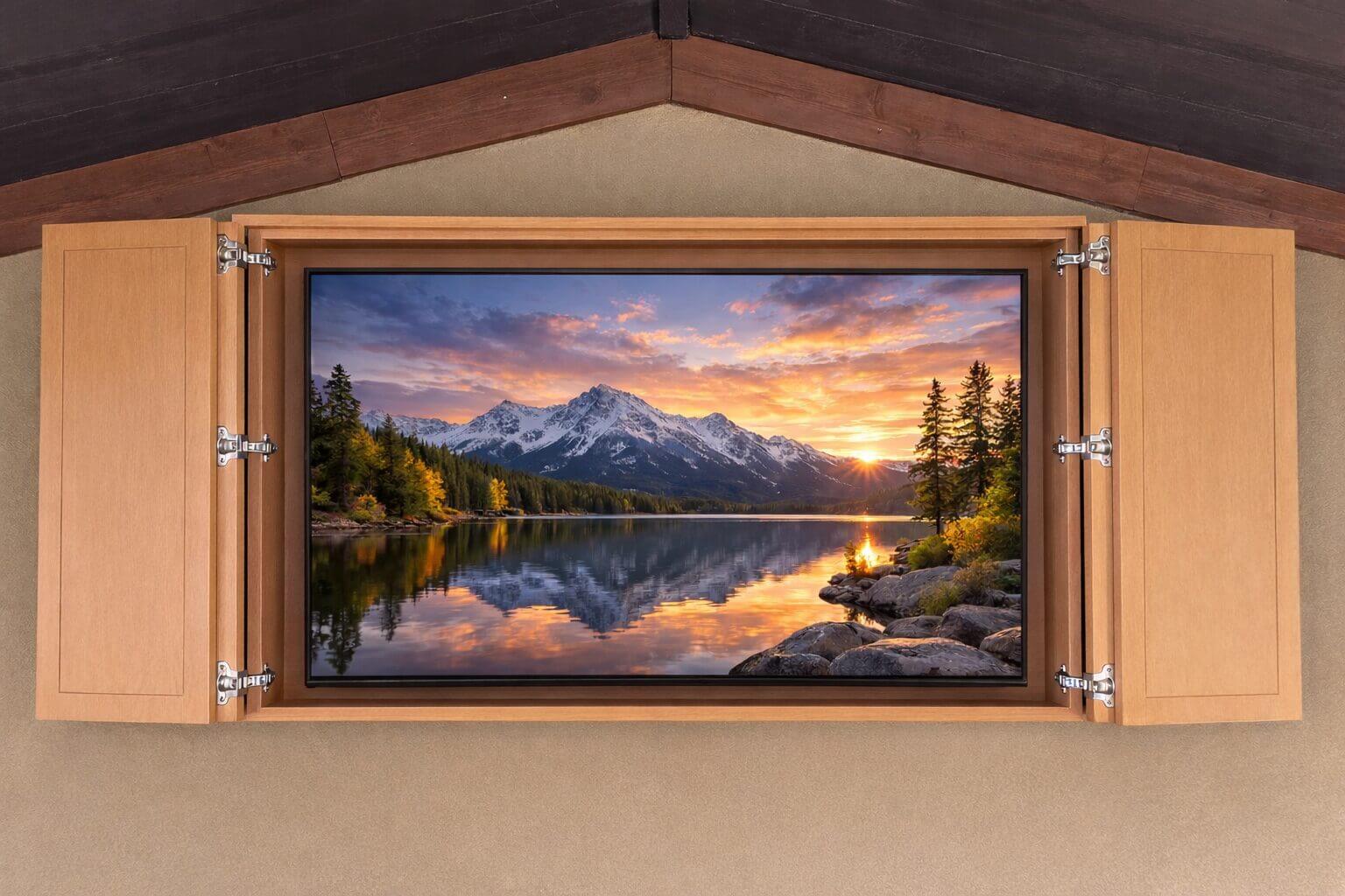 TV in cabinet showing mountain lake